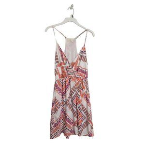 Everly Faux Wrap V-Neck Sleeveless Dress Cream Orange Aztec Print Size Medium